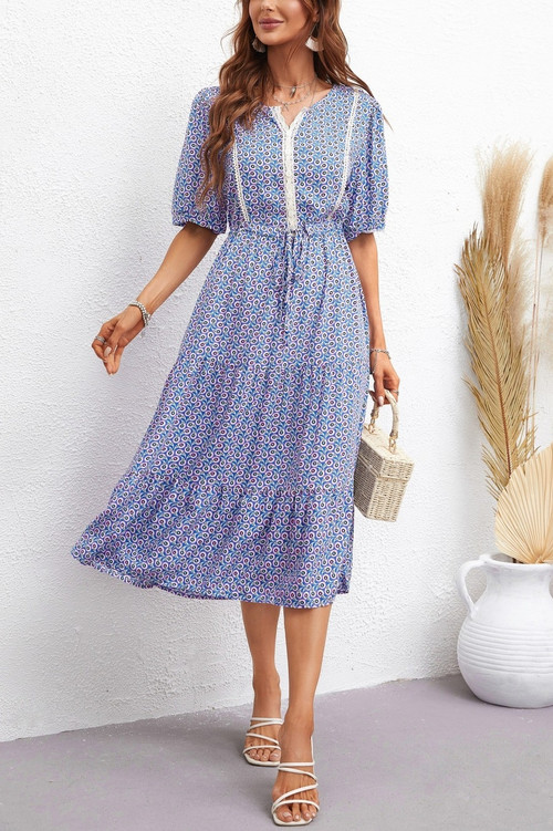 Summer New Stylish Inelastic Floral Batch Printing Lace Patchwork Lace-Up Casual Midi Dress - Vougese