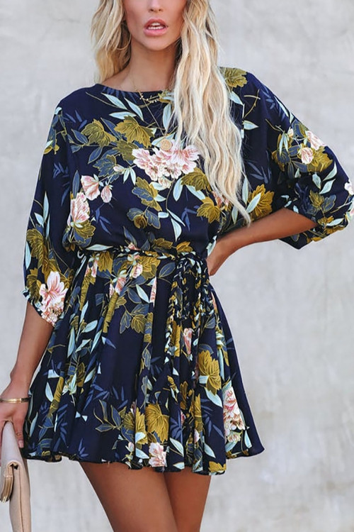 Summer New Stylish Inelastic Floral Batch Printing Plus Size Three-Quarter Sleeves Casual Mini Dress(With Belt,With Lining) - Vougese