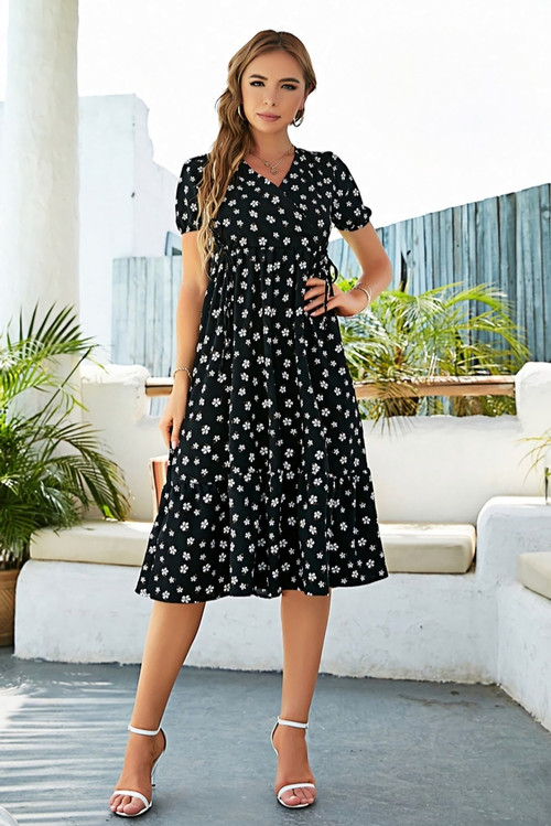 Summer New Stylish Inelastic Floral Batch Printing V-Neck Lace-Up Waist-Tuning Casual Midi Dress - Vougese