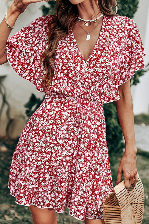 Summer New Stylish Inelastic Floral Batch Printing V-Neck Ruffle Casual Mini Dress - Vougese