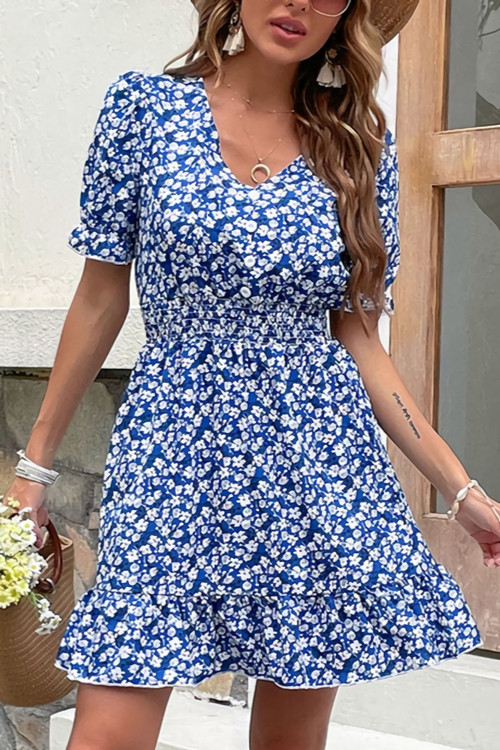 Summer New Stylish Inelastic Floral Batch Printing V-Neck Short Sleeves Casual Mini Dress - Vougese