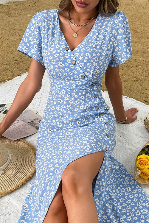 Summer New Stylish Inelastic Floral Batch Printing V-Neck Single-Breasted Back Zip-Up Split Casual Midi Dress - Vougese