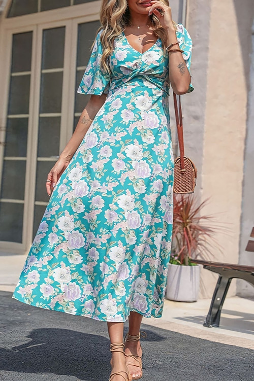 Summer New Stylish Inelastic Flower Batch Printing Short Sleeves V-Neck Zip-Up Casual Midi Dress - Vougese
