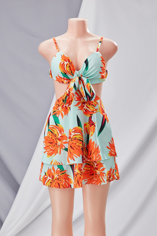Summer New Stylish Micro Elastic Batch Printing Hollow Lace-Up Sling Backless Zip-Up Sexy Mini Dress - Vougese