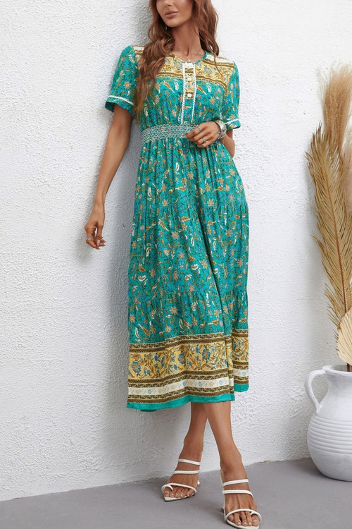 Summer New Stylish Micro Elastic Floral Batch Printing Single-Breasted Short Sleeves V-Neck Casual Midi Dress - Vougese