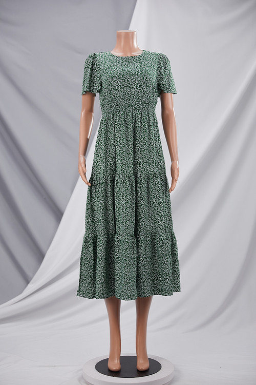 Summer New Stylish Simple Batch Printing Inelastic Short Sleeve Pleated Casual Maxi Dress - Vougese