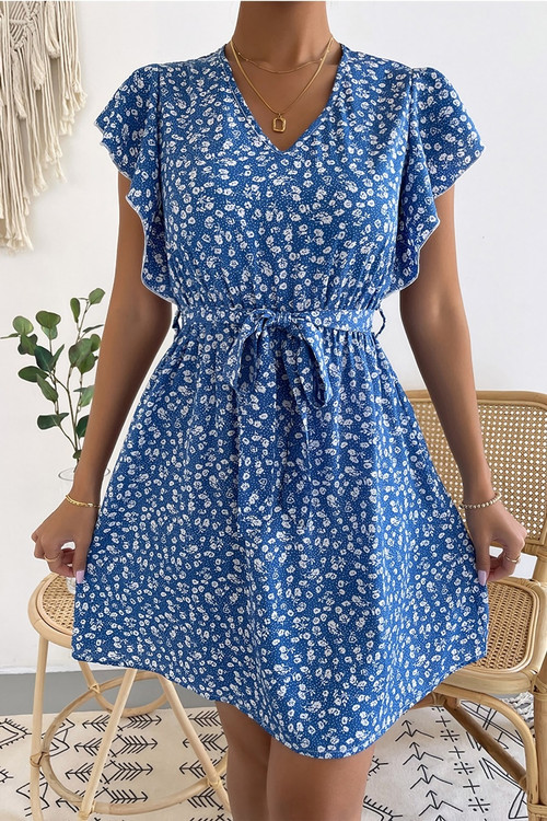 Summer New Stylish Simple Batch Printing Inelastic V-Neck Casual Midi Dress(With Belt) - Vougese