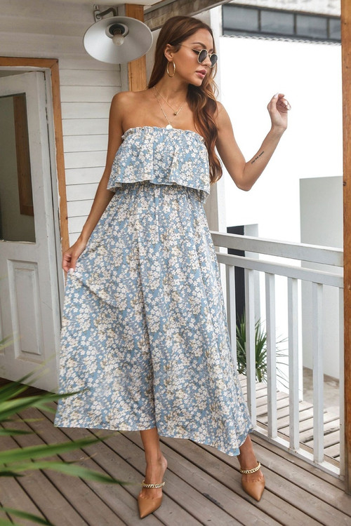 Summer New Stylish Simple Floral Batch Printing Inelastic Strapless Loose Casual Maxi Dress - Vougese