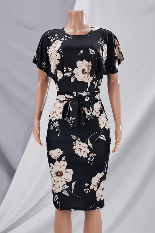 Summer New Stylish Simple With Belt Stretch Zip-Up Plus Size Batch Printing Casual Midi Dress - Vougese