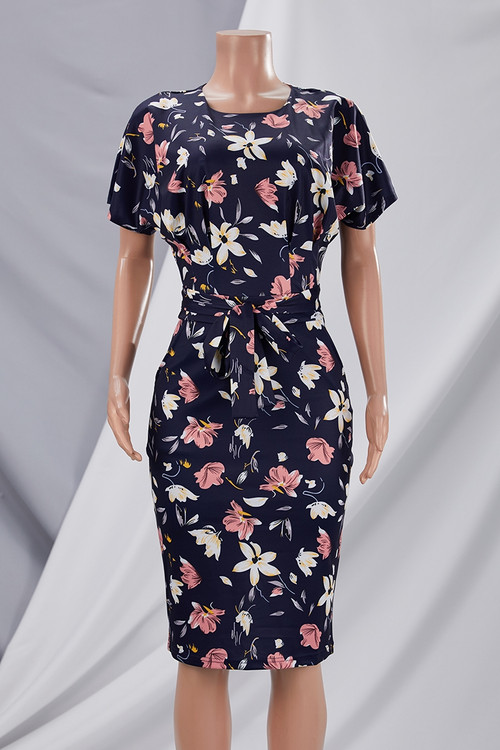 Summer New Stylish Simple With Belt Stretch Zip-Up Plus Size Multicolor Batch Printing Casual Midi Dress - Vougese