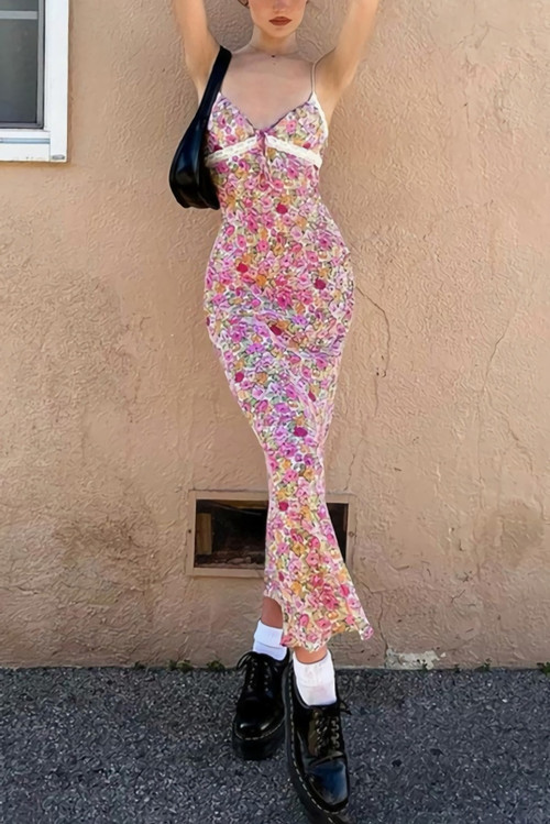 Summer New Stylish Stretch Floral Batch Printing Lace Patchwork Lace-Up Sling Backless Sexy Midi Dress - Vougese