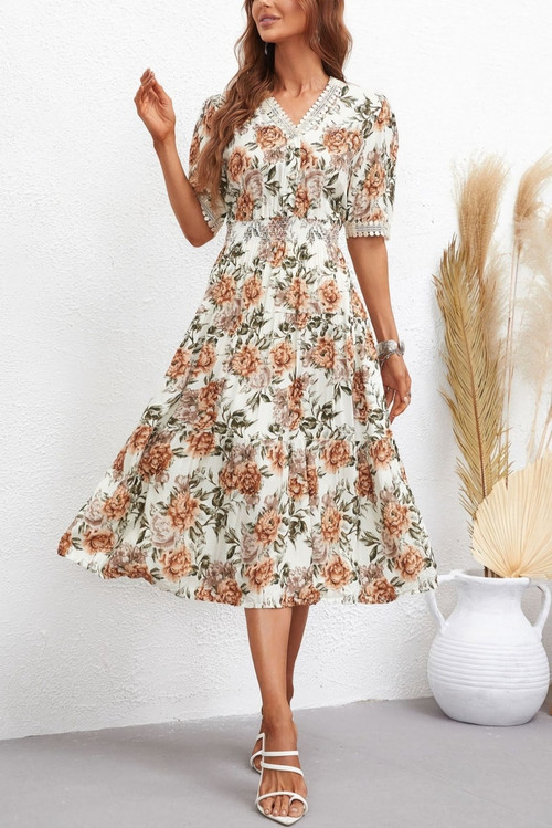 Summer New Stylish Stretch Floral Batch Printing Lace Spliced V-Neck Casual Midi Dress - Vougese