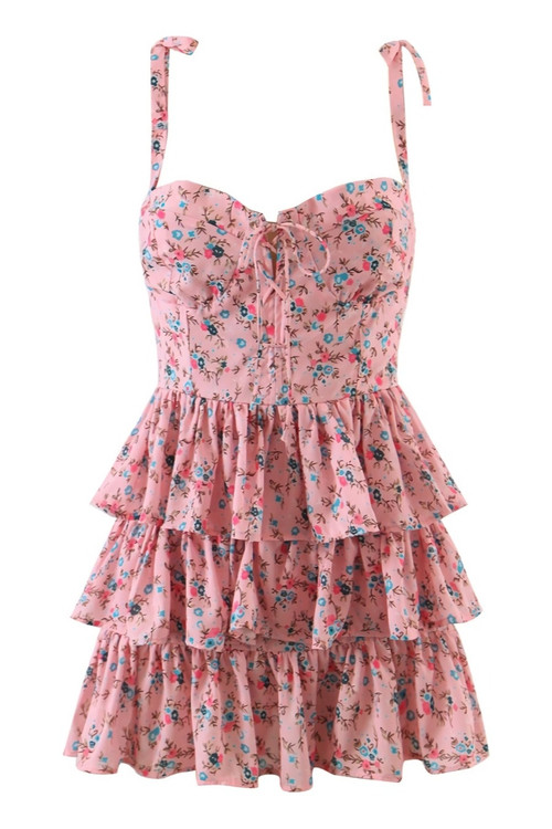 Summer New Stylish Stretch Floral Batch Printing Sling Lace-Up Ruffle Backless Casual Mini Dress - Vougese