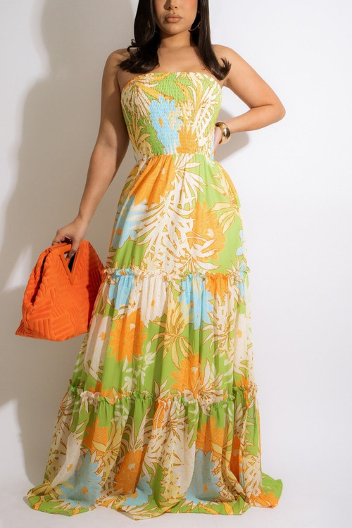 Summer New Stylish Stretch Flower Batch Printing Tube Design Hollow Backless Sexy Maxi Dress - Vougese