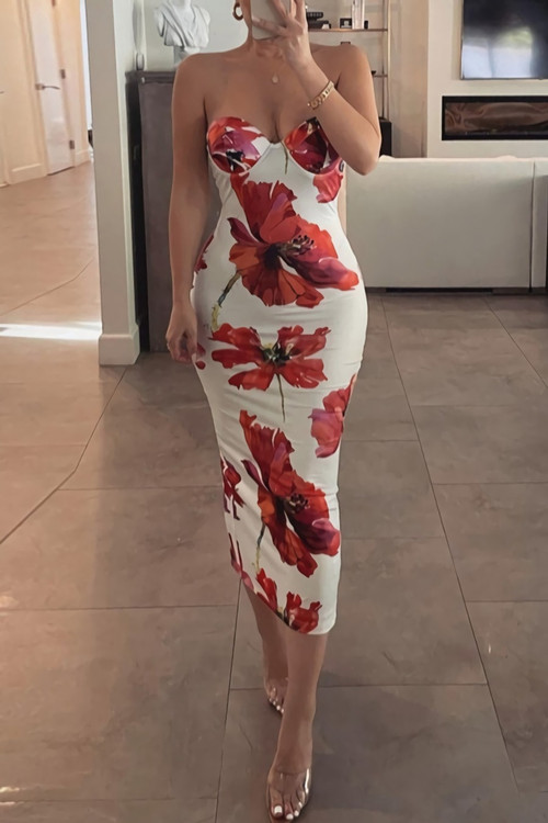 Summer New Stylish Stretch Flower Batch Printing Tube Design Split Slim Sexy Midi Dress - Vougese