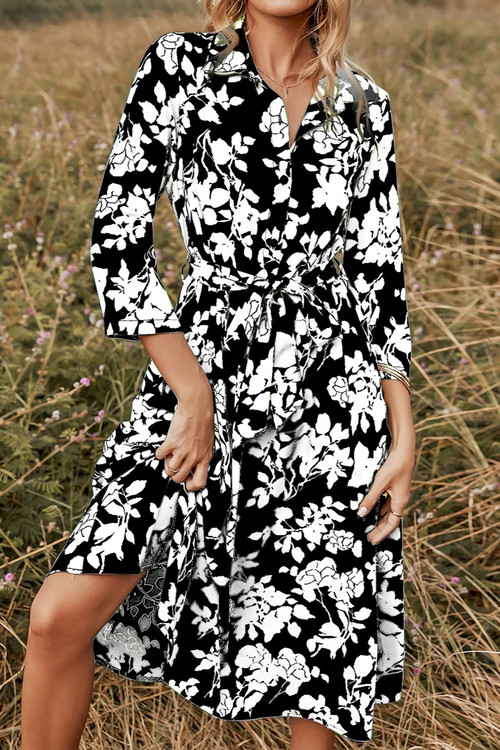 Summer New Stylish Three Colors Floral Batch Printing Lapel Long Sleeve Button With Belt Casual Midi Dress - Vougese