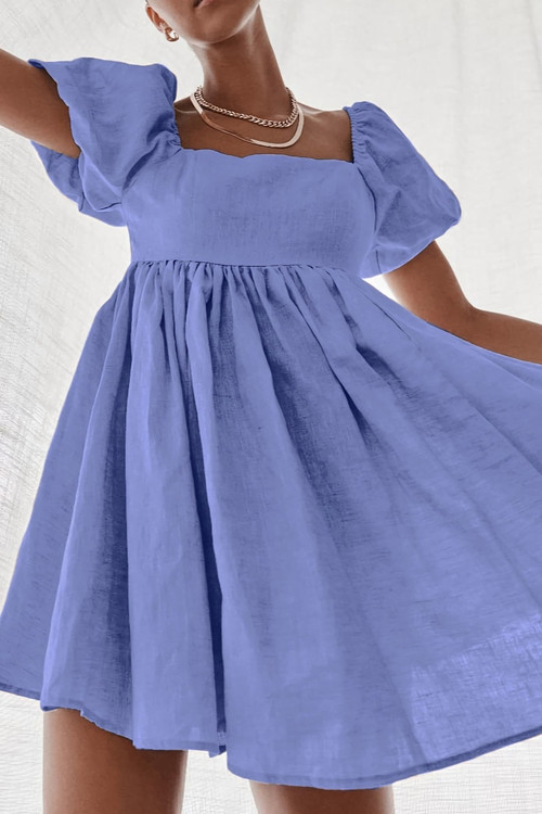 Summer New Stylish Three Colors Square Neck Puff Short Sleeves Cotton Zip-Up Casual Mini Dress - Vougese