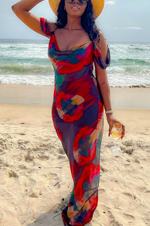 Summer New Stylish Tie Dye Batch Printing Mesh See Through Stretch Sling Sexy Maxi Dress - Vougese
