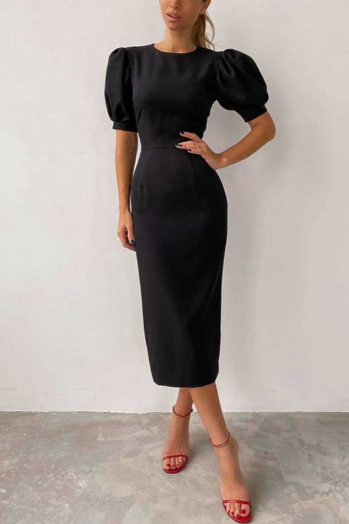 Summer New Stylish Two Colors Crew Neck Solid Color Puff Short Sleeves Zip Up Inelastic Slim Casual Midi Dress - Vougese