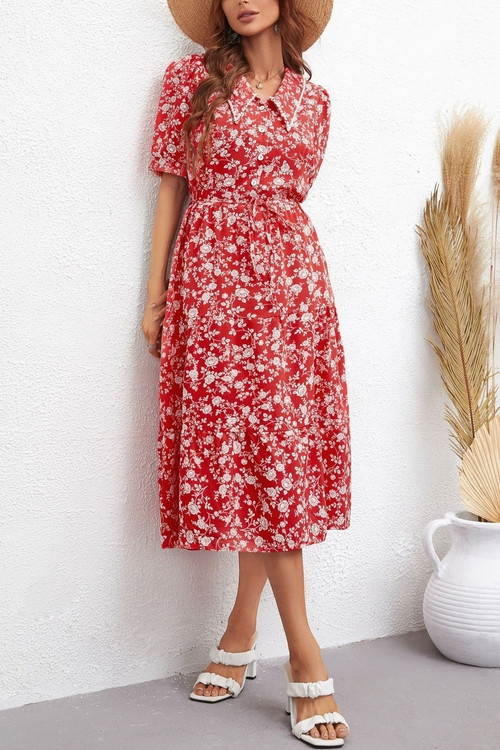 Summer New Stylish Two Colors Inelastic Floral Batch Printing Single-Breasted Pear Decor With Belt Casual Midi Dress - Vougese