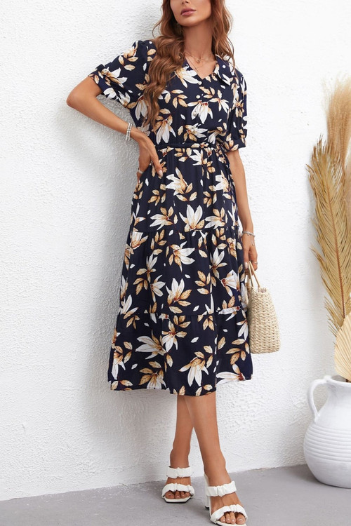 Summer New Stylish Two Colors Micro Elastic Flower Printing Lace-Up Single-Breasted Casual Midi Dress - Vougese