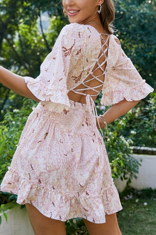 Summer New Two Colors Inelastic Floral Batch Printing V-Neck Backless Lace-Up Zip-Up Sexy Mini Dress - Vougese