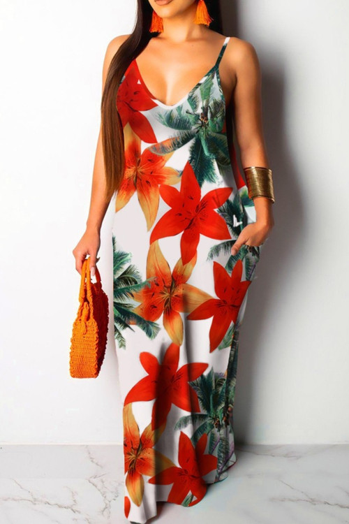 Summer Plus Size Flowers Batch Printing Sling V-Neck Stretch Loose Maxi Dress - Vougese