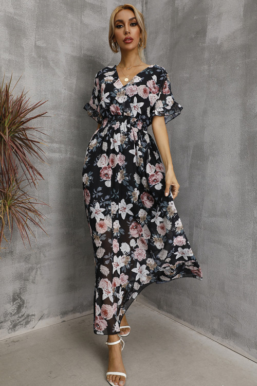 Summer Plus Size Four Colors Flower Batch Printing Inelastic V-Neck Backless Casual Pastoral Style Maxi Dress - Vougese