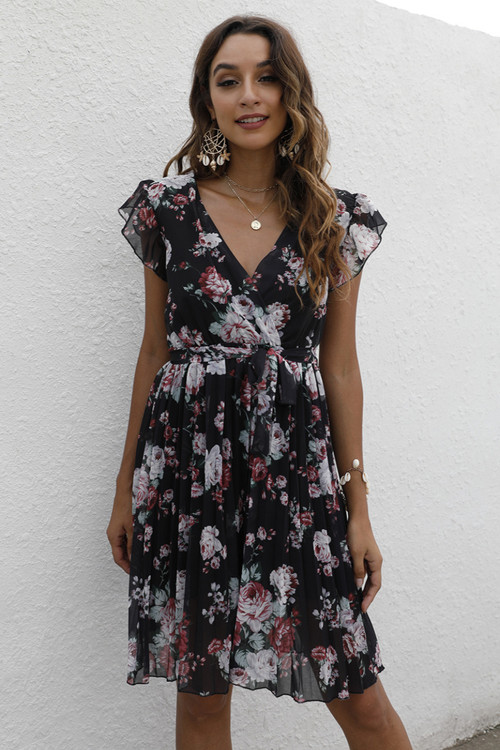 Summer Plus Size Four Colors Flower Batch Printing Inelastic V-Neck Ruffle Stylish Pastoral Style Mini Dress With Belt - Vougese