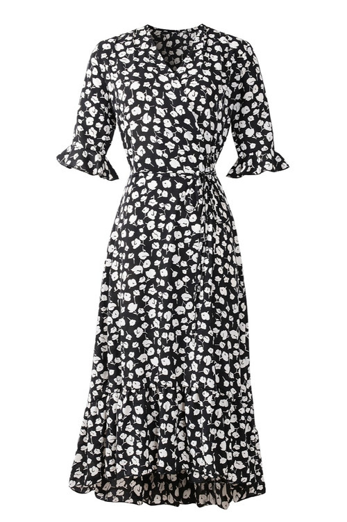 Summer Plus Size New 4 Colors Floral Batch Printing Inelastic V-Neck Ruffle Swing Slit Stylish Bohemian Midi Dress - Vougese