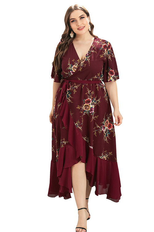Summer Plus Size New Flowers Batch Printing V-Neck Ruffles Irregular Oversized Dress (With Belt) - Vougese
