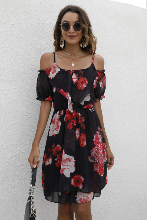 Summer Plus Size Three Colors Flower Batch Printing Inelastic Chiffon Sling Stylish Sweet Pastoral Style Mini Dress - Vougese
