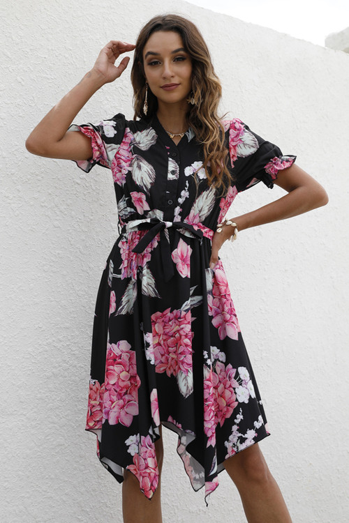 Summer Plus Size Three Colors Flower Batch Printing Inelastic V-Neck Irregular Hem Stylish Pastoral Style Midi Dress With Belt - Vougese