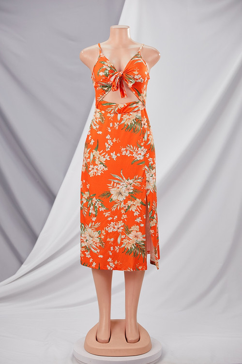 Summer Plus Size Vacation Style Floral Batch Printing Stretch Adjustable Straps Hollow Bowknot High Slit Sexy Midi Dress 4# - Vougese