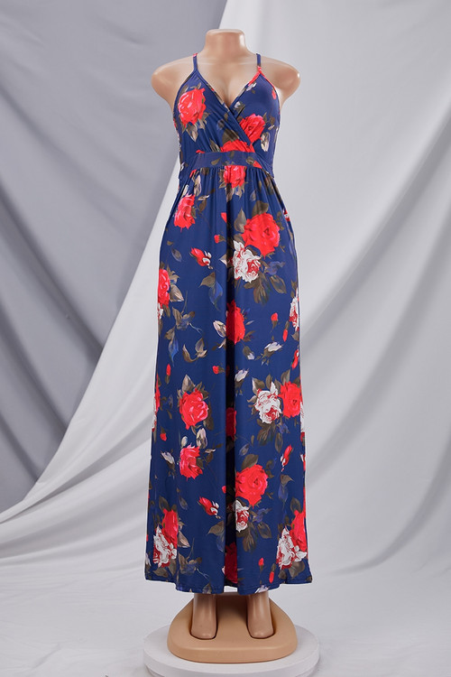 Summer Plus Size Vacation Style Floral Batch Printing Stretch Adjustable Straps Stylish Pastoral Maxi Dress 1# Plus-Size Dresses - Vougese
