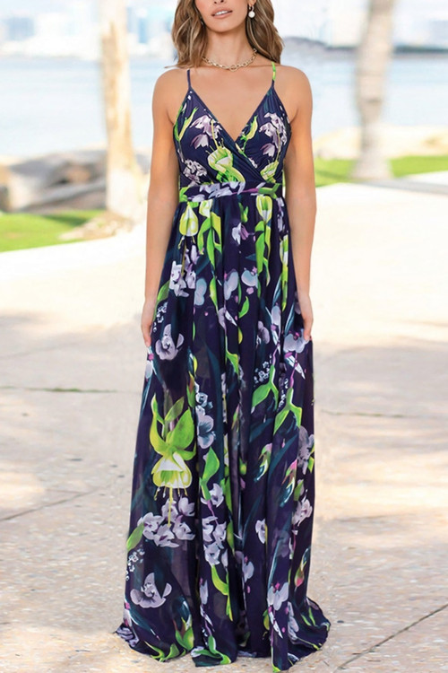 Summer Plus Size Vacation Style Floral Batch Printing Stretch Adjustable Straps Stylish Pastoral Maxi Dress 2# - Vougese
