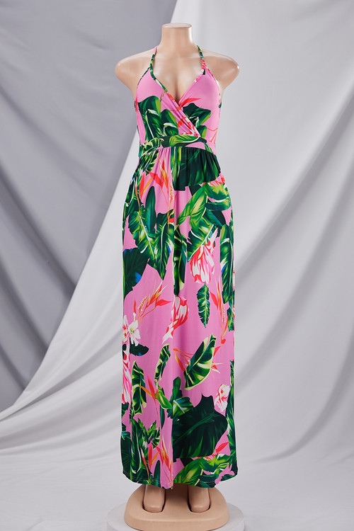 Summer Plus Size Vacation Style Leaf Flower Batch Printing Stretch Adjustable Straps Stylish Pastoral Maxi Dress - Vougese