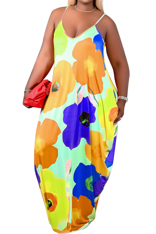Summer Plus Size Xl-5Xl Sling Low Cut Flowers Batch Printing Stretch Loose Maxi Dress - Vougese