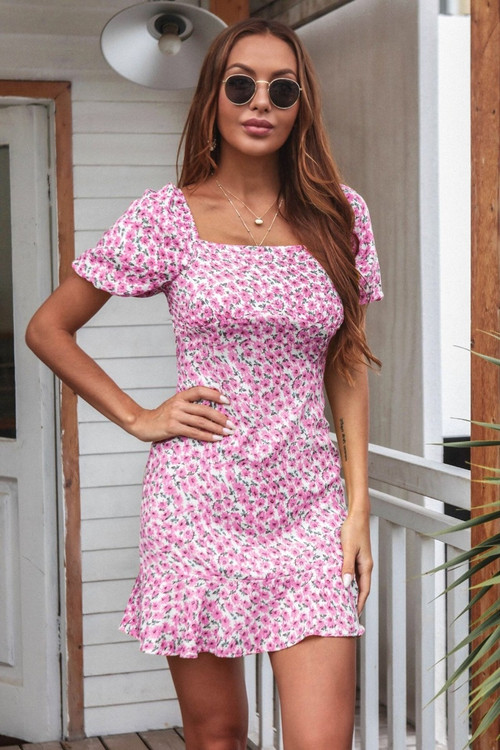 Summer Printing Square Neckline Mini Dress - Vougese