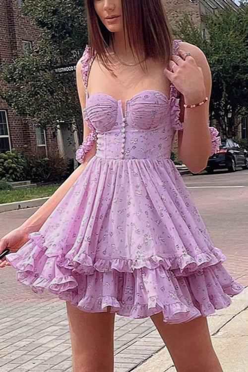 Summer Sling Falbala Batch Printing Sweet And Fresh Stretch Mini Dress - Vougese