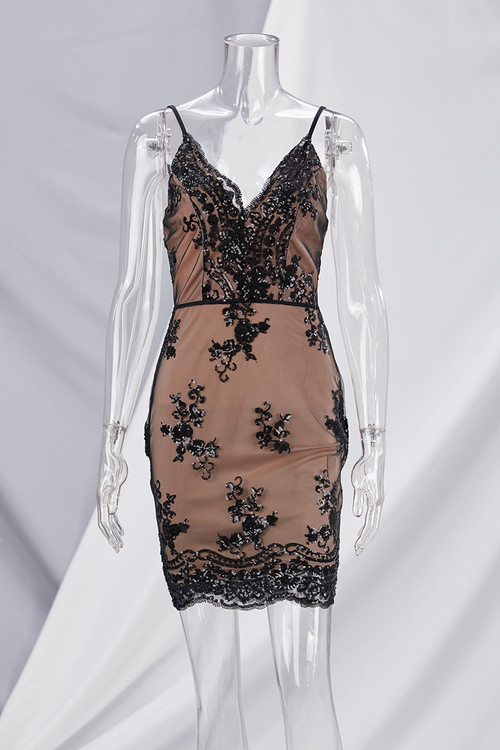 Summer Sling V-Neck Mesh Stitching Sequin Embroidered Backless Mini Evening Dress - Vougese