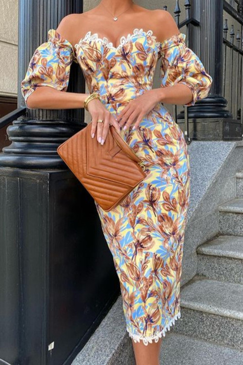 Summer Zip-Up Off Shoulder Batch Printing New Stylish Micro Elastic Slim Midi Dress - Vougese
