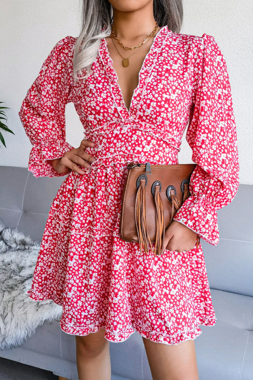 Three Colors Autumn Floral Batch Printing V-Neck Ruffle Loose Inelastic Chiffon Mini Dress - Vougese