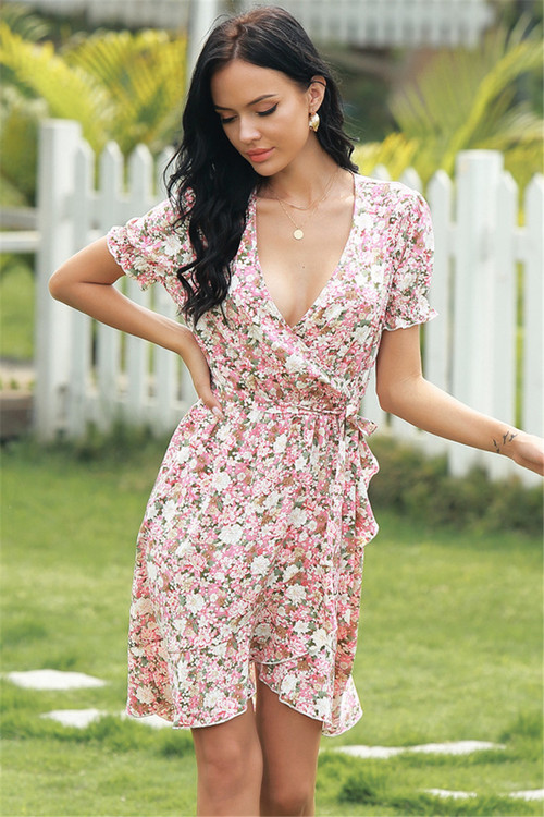 Three Colors Floral Batch Printing Plus Size Deep V-Neck Retro Dress (With Belt) - Vougese
