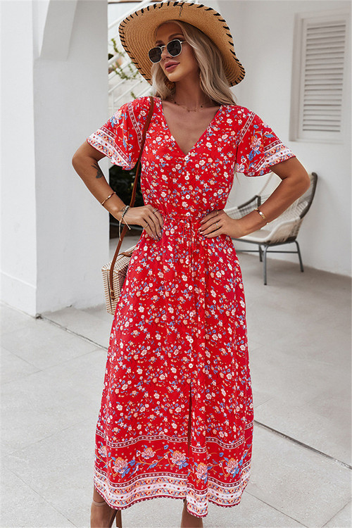 V-Neck New Stylish Batch Print Single Breasted Laced Casual Vacation Dress - Vougese