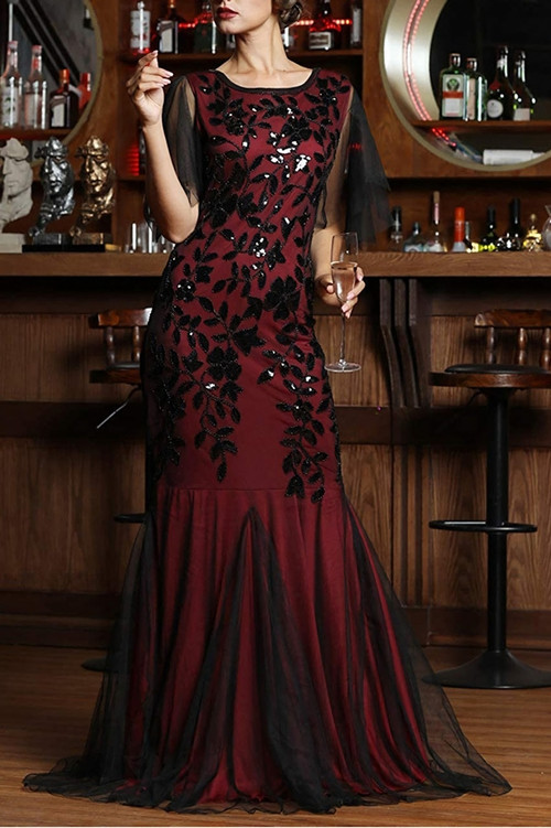 Xl-3Xl Plus Size New Stylish Sequin Mesh Patchwork Stretch Elegant Maix Evening Dress(With Lining) Elegant&Ol Dresses - Vougese