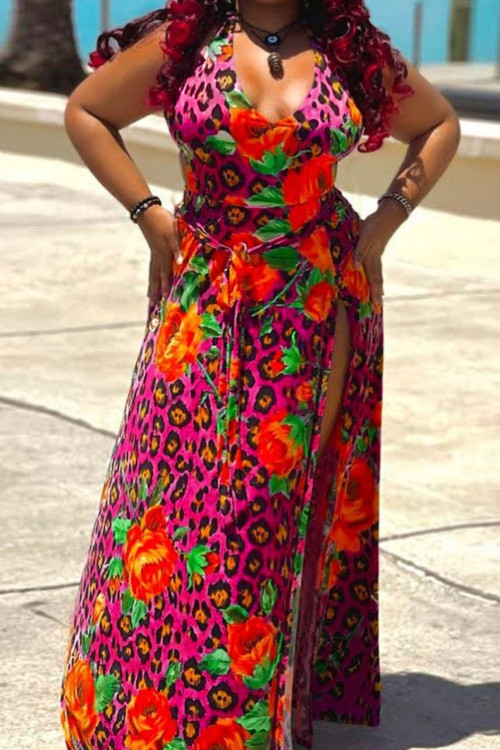 Xl-4Xl New Batch Printing Stretch Halter-Neck Low-Cut Tie-Waist High Slit Sexy Stylish Maxi Dress - Vougese