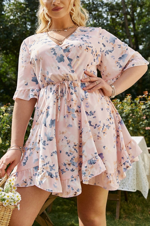 Xl-4Xl Plus Size Summer New Stylish Inelastic Floral Printing V-Neck Ruffle Lace-Up Casual Mini Dress - Vougese