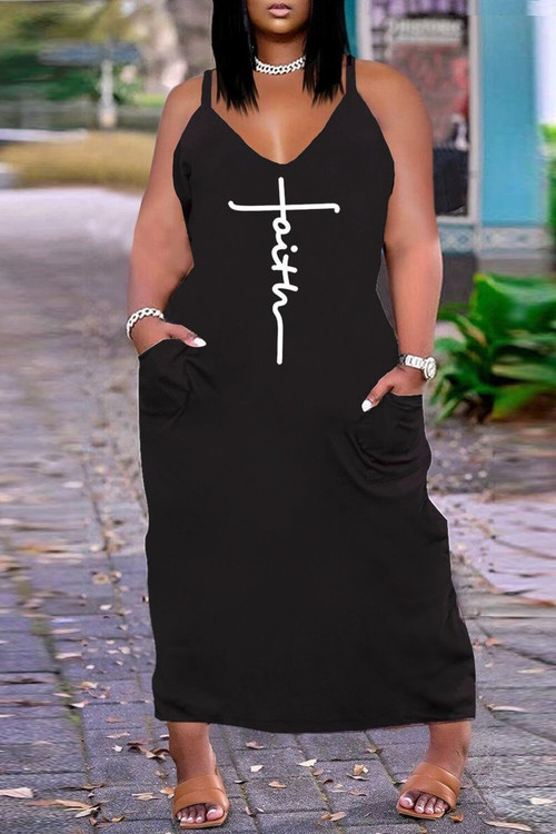 Xl-4Xl Plus Size Summer New Stylish Two Colors Letter Printing Adjustable Sling Stretch With Pocket Casual Midi Dress - Vougese