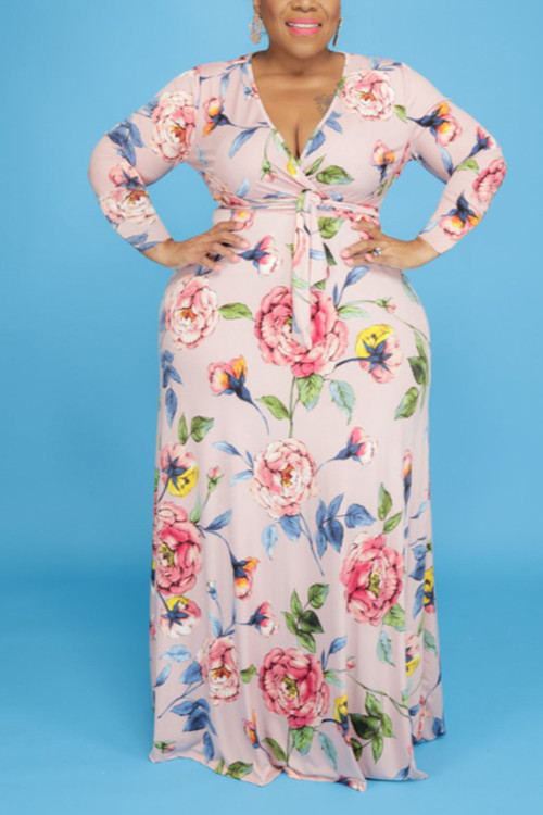 Xl-5Xl Autumn New All-Over Floral Batch Printing Stretch V-Neck Stylish Casual Maxi Dress With Belt 4# - Vougese
